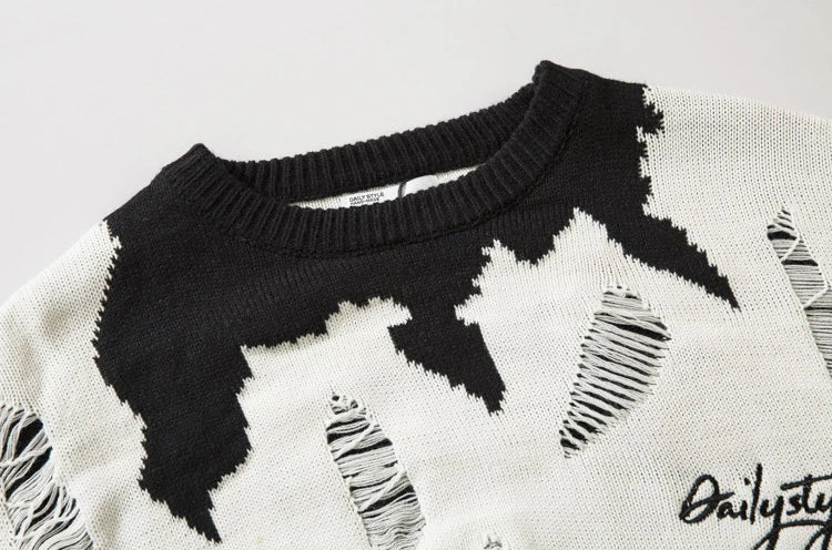 Destroyed Ripped Holes Knitted Sweater Men Pullover Long Sleeve 0-neck Oversize Winter Sweater Harajuku Streetwear Autumn Jumper Street King Limited