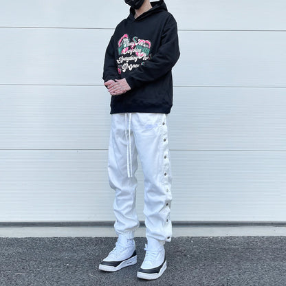 washed distressed denim sweatpant cashew flower patchwork oversized splice buckle jogging jeans casual button baggy men clothing urban active pants