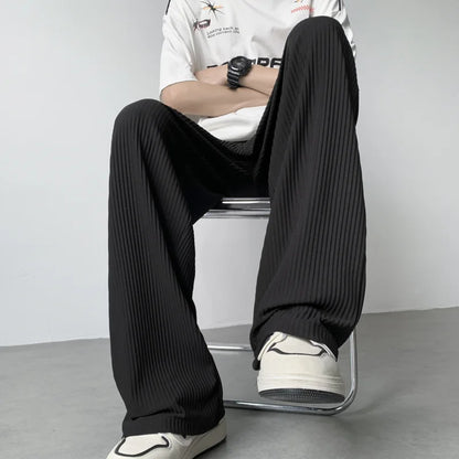 summer texture straight pants for men korean fashion baggy wide leg trousers casual drape pleated striped y2k pantalones hombre unique default style 477