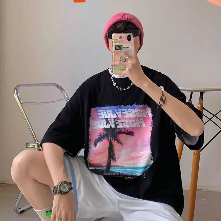 Short-sleeved men's t-shirt summer versatile Korean style loose half-sleeved student fashion brand pure cotton T-shirt y2k tops Street King Limited