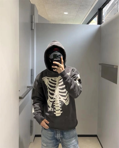 2024 SM Skeleton Rib Cracked Printed Hoodie High Street Washed Outdated Couple Loose Hoodies Street King Limited