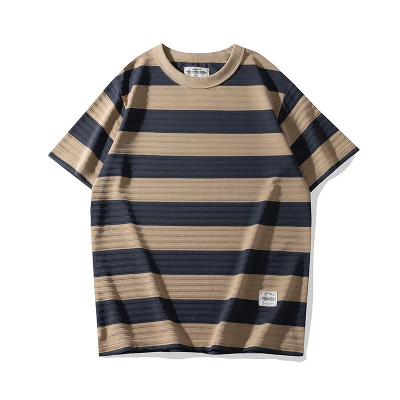 Men's Dark Wide Striped Short Sleeve Tees, Casual Tops, Round Neck, Thick, 100% Cotton, New, Summer Street King Limited
