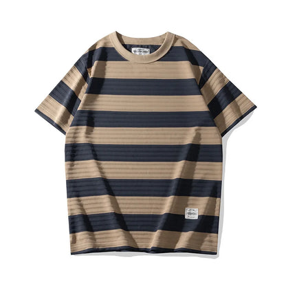 Men's Dark Wide Striped Short Sleeve Tees, Casual Tops, Round Neck, Thick, 100% Cotton, New, Summer Street King Limited
