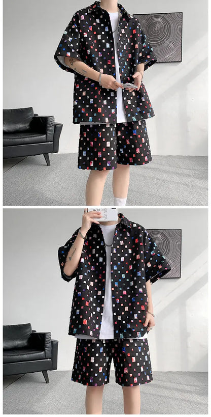 Summer Sets Men Fashion Short Sleeved Shirt Shorts Two-piece Men Korean Loose Hollow Out Set Mens Short Sets Plus Size M-5XL Street King Limited