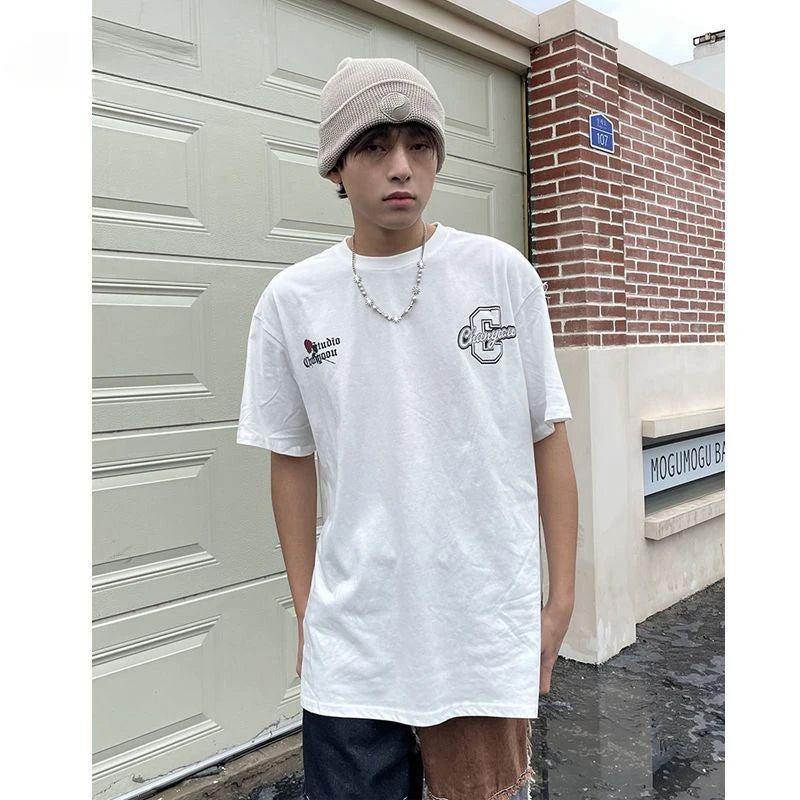Retro back rose print washed distressed t-shirt national fashion brand pure cotton short-sleeved men's couple wear half-sleeved Street King Limited