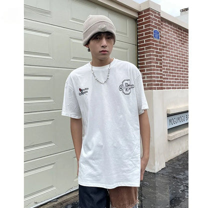 Retro back rose print washed distressed t-shirt national fashion brand pure cotton short-sleeved men's couple wear half-sleeved Street King Limited