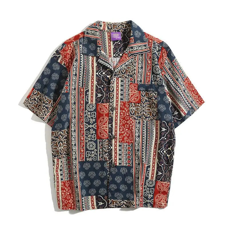Korean Hawaiian Cuban collar retro printed shirt men American handsome simple casual versatile loose beach short-sleeved shirt Street King Limited