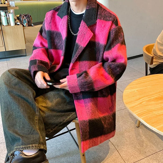plaid woolen trenchcoat men autumn winter fashion retro streetwear suit collar loose casual trendy trench coat outerwear minimalist street pants