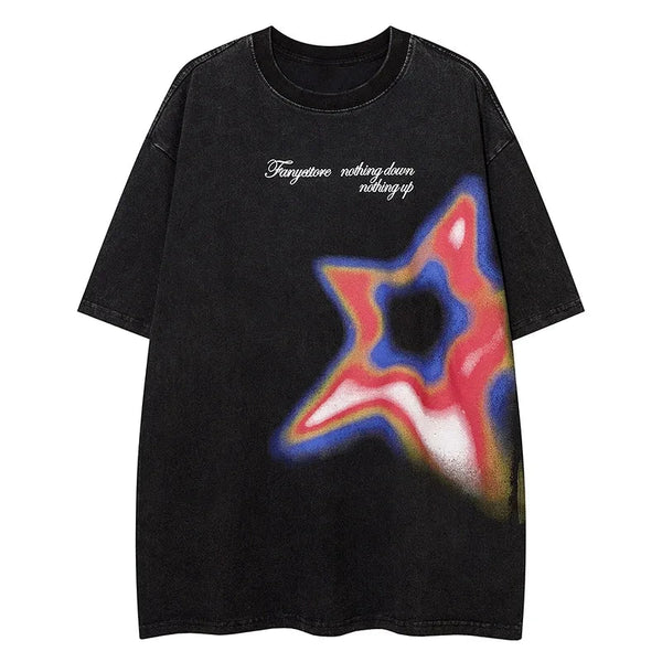 Men T Shirts Star Printed Short Sleeve T-shirt Japanese Loose Casual Tees Hip Hop Washed Distressed Couple Tops Black Red Street King Limited