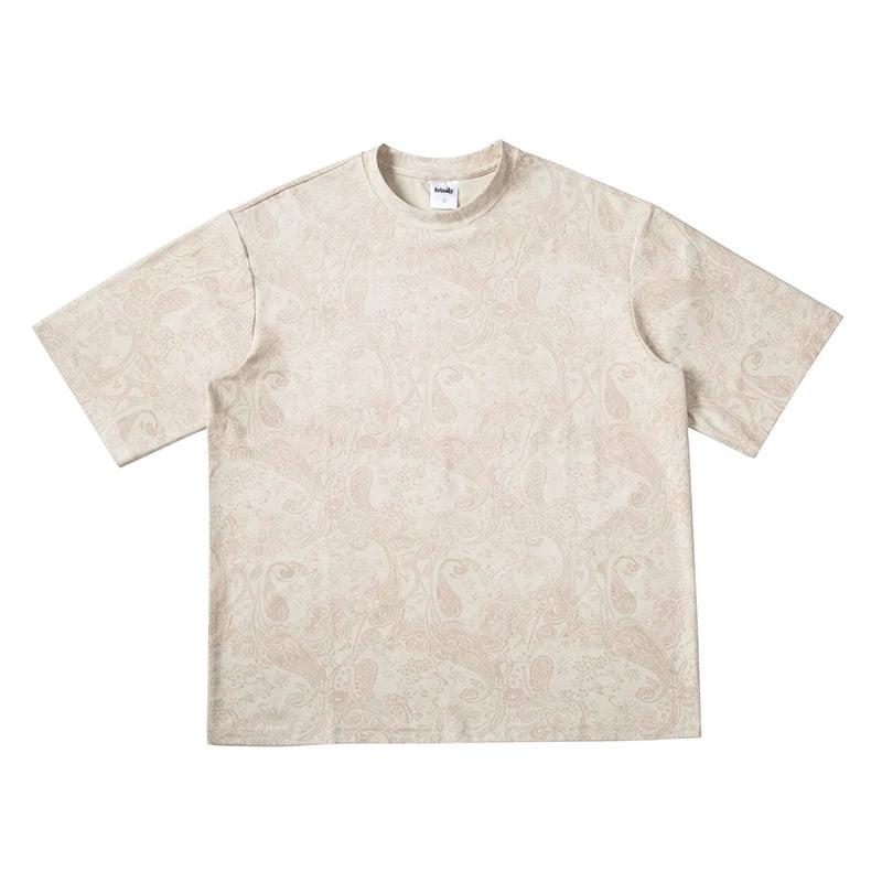 Merican Hip-hop Summer Thin Section Suede Cashew Flower Print Tshirts Tops Men and Women Loose Short-sleeved T-shirts Oversized Street King Limited