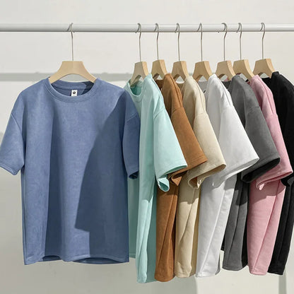 Summer Short Sleeve T-shirt Men Fashion Retro Suede T Shirt Men Streetwear Hip Hop Loose Round Neck Solid Color Tshirt Mens Top Street King Limited