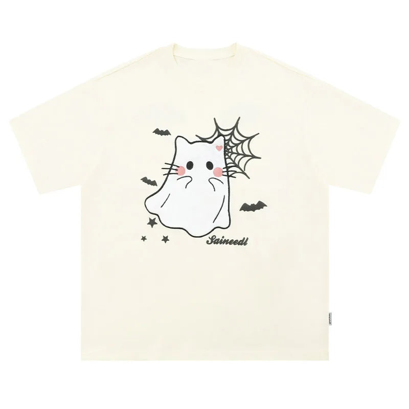 Men T Shirts Cartoon Anime Cat Embroidered Short Sleeve T Shirt Harajuku Loose Casual Couple Tees Japanese Preppy Style Tops Street King Limited