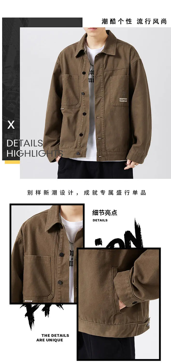 american retro workwear jacket for boys loose spring and autumn high street japanese style khaki casual trendy denim jacket tops unique jeans style 4892