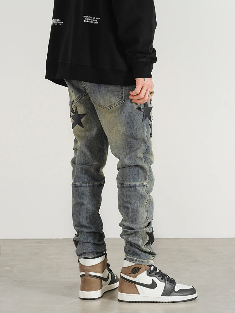 star appliques denim jeans skinny trousers slim fit men new casual biker jeans fashion streetwear hip hop trousers pants joggers casual joggers
