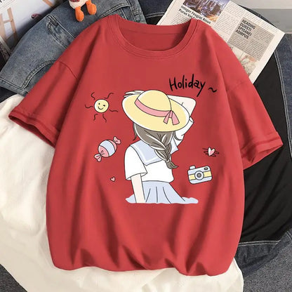 Pure cotton short-sleeved large size versatile T-shirt women's loose new student top trendy women clothing y2k tops emo clothes Street King Limited
