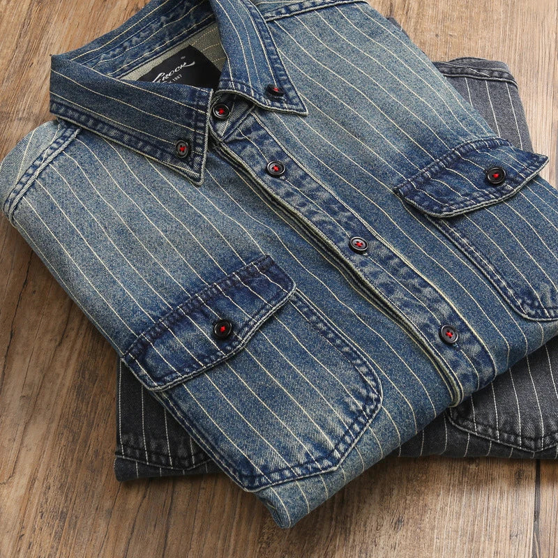 Amekaji VIntage Denim Shirt Men Spring Autumn New Lapel Multi-pocket Blue Striped Long Sleeve Cargo Shirt  Casual Cardigan Tops Street King Limited