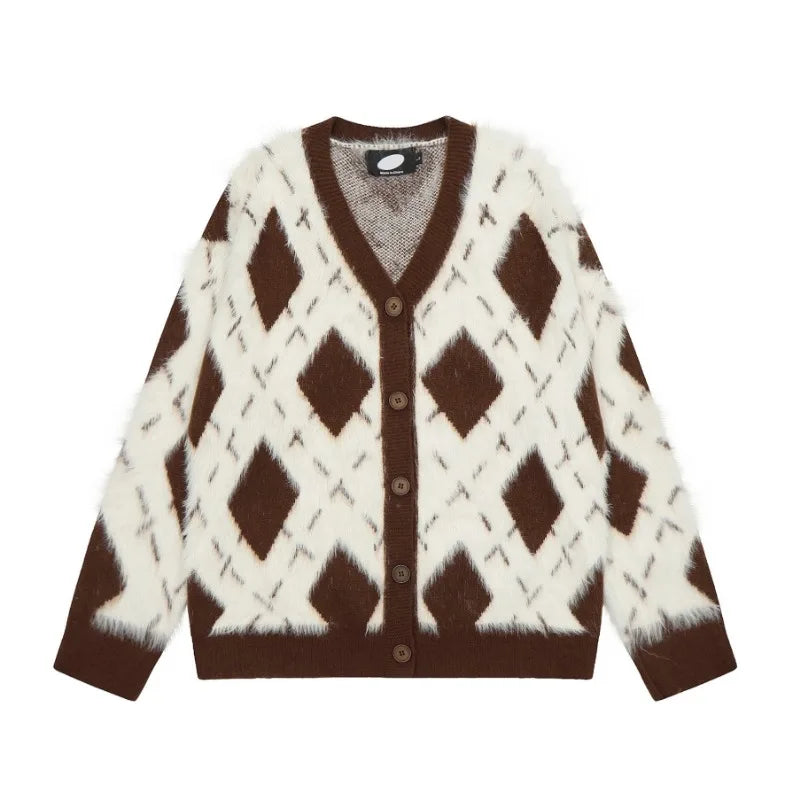 2024 New College Casual Mens Cardigan Autumn Diamond Grid Color Block Street Unisex Knitted Jacket Loose V-neck Sweater Coats Street King Limited