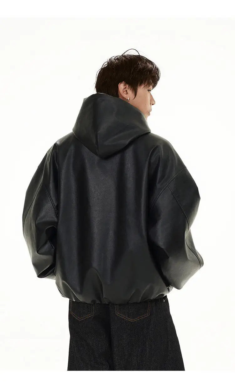 pu leather bomber jacket men streetwear fashion loose casual vintage leather hooded short motorcycle jacket hoody coat outerwear unique shorts style 569