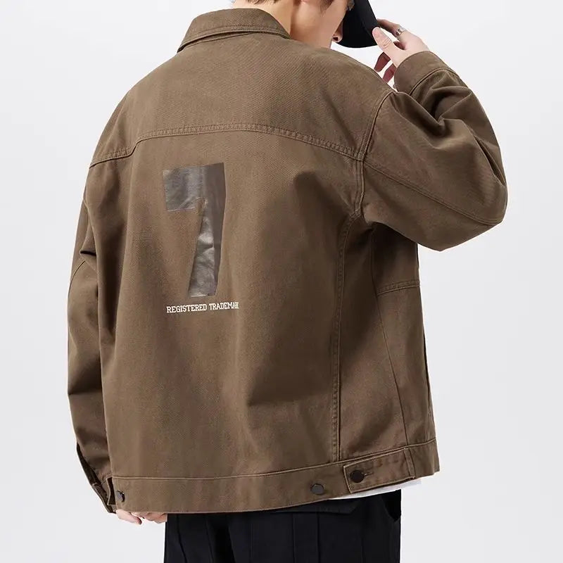 american retro workwear jacket for boys loose spring and autumn high street japanese style khaki casual trendy denim jacket tops stacked flare jeans