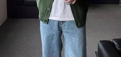 Trendy Korean Style Simple Green Sweater Retro Jacket Men's Sweater Trendy Casual Niche Y2K Street Hip-hop Jacket Tops Street King Limited