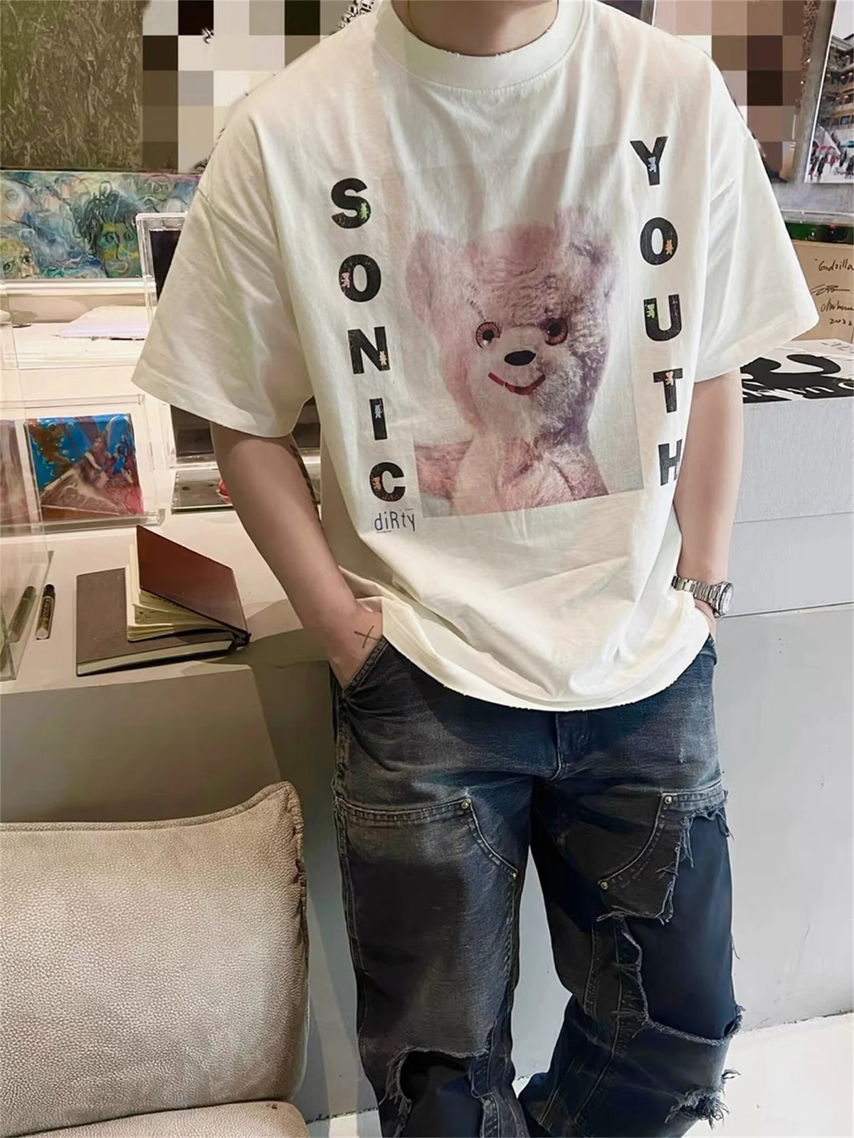 Vintage Summer Pink Rock bear Cartoon Distressed Cotton Casual T-Shirt Tops Street King Limited