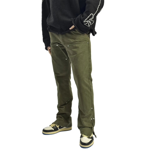vintage mens straight overalls high street solid color washed rivet side zipper trousers 2022 slim fit cargo pant for men women military streetwear pants