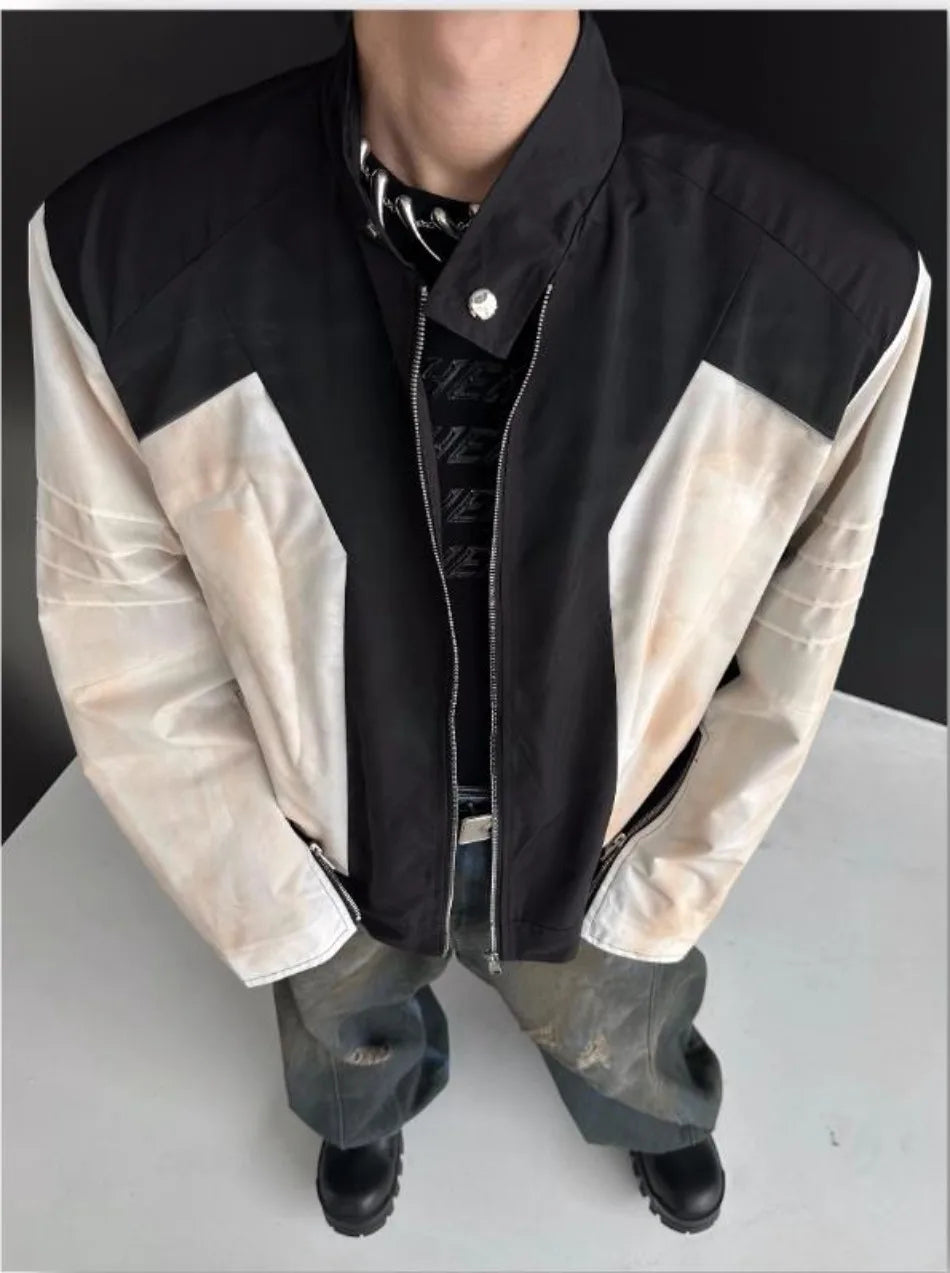 street american color block mens jacket 2024 new autumn zipper patchwork shoulder pads racing coats motorcycle windbreaker unique default style 3217