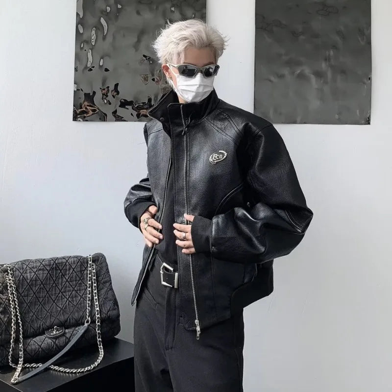 punk leather jacket mens spring standing collar trendy high street coats y2k streetwear hip hop motorcycle outwear 2024 new unique default style 2244
