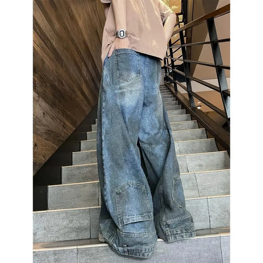 american style dirty and torn hole design straight leg wide leg jeans for men and women high street loose street casual pants stacked flare jeans