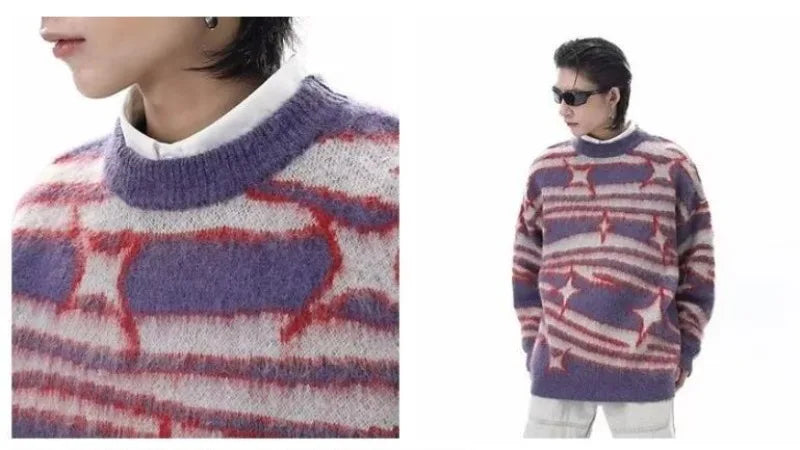 japanese hip hop sweater set men contrast zebra pattern round neck knit top splicing distressed loose jeans 2 pcs harajuku suit unique jeans style 3951