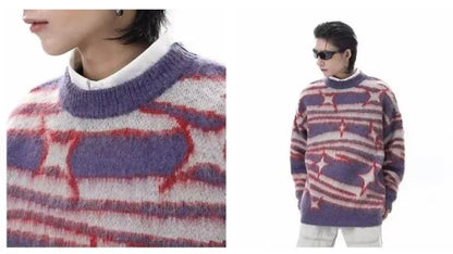 japanese hip hop sweater set men contrast zebra pattern round neck knit top splicing distressed loose jeans 2 pcs harajuku suit unique jeans style 3951