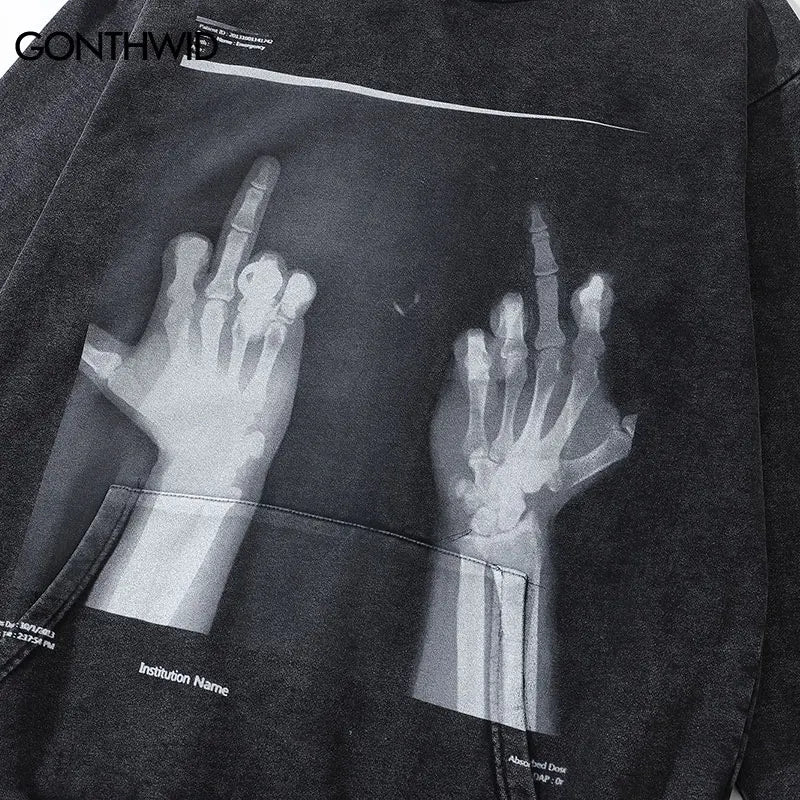 Hip Hop Hoodie Streetwear Vintage Skeleton Skull Print Oversize Punk Gothic Hooded Sweatshirt Harajuku Casual Loose Washed Tops Street King Limited