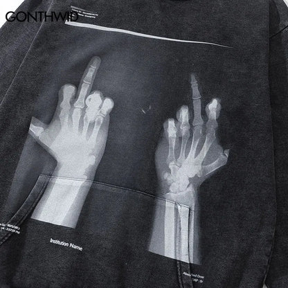 Hip Hop Hoodie Streetwear Vintage Skeleton Skull Print Oversize Punk Gothic Hooded Sweatshirt Harajuku Casual Loose Washed Tops Street King Limited