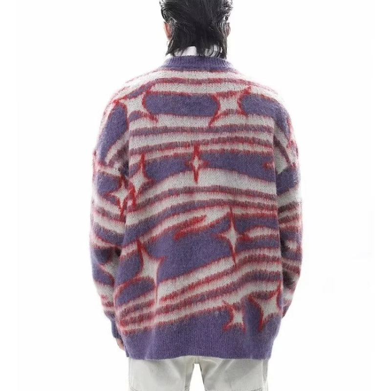 japanese hip hop sweater set men contrast zebra pattern round neck knit top splicing distressed loose jeans 2 pcs harajuku suit unique jeans style 3936