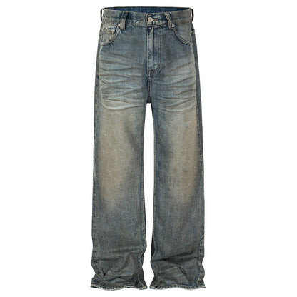 vintage men jeans blue baggy denim pants dirty washed retro loose straight jeans trousers unique jeans style 5902