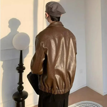 new retro short pu leather jacket mens brown japanese hip hop bomber coats motorcycle punk trend windbreaker y2k streetwear unique shorts style 3440