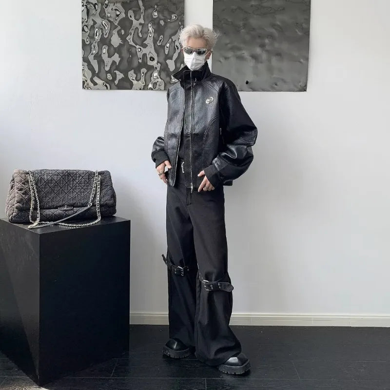 punk leather jacket mens spring standing collar trendy high street coats y2k streetwear hip hop motorcycle outwear 2024 new unique default style 2242