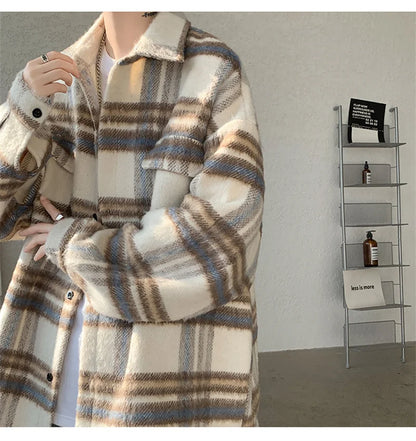 winter y2k vintage striped woolen jackets for men patchwork long sleeve plaid cardigan coats high street cargo shirt jacket unique cargo style 76