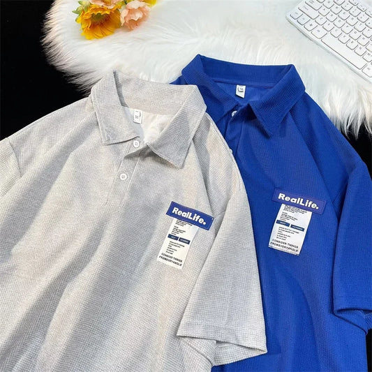 Streetwear Summer Mens Short Sleeve Polo T Shirt Waffle Casual Letter Print Label Summer Mens Short Sleeve Polo T Shirt Waffle Casual Letter Print Label Polo Shirt Streetwear Korean Fashion Polo Homme Tops Fashion Sweater Jacket With Graphic Design For Men