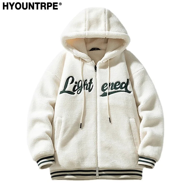 men fleece jackets and coats casual letter embroidery hairy zipper hooded outerwear warm streetwear parkas loose bomber jacket menswear bottoms