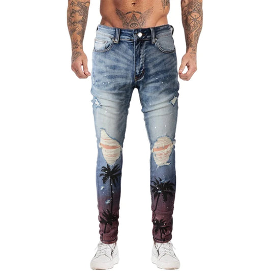 high street printed ripped holes denim jeans mens casual slim fit biker zipper trousers streetwear hip hop jean pants joggers streetwear sweatpants