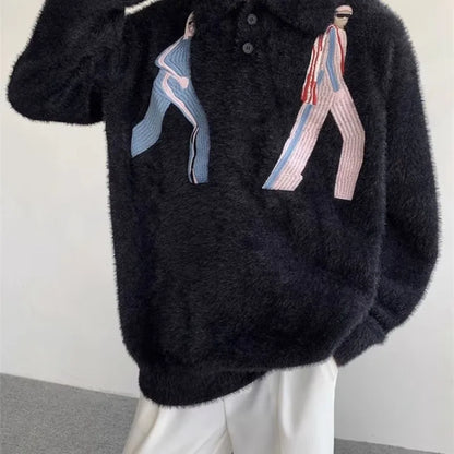 Korean Embroidery Lapel Sweater Mens Spring Street Trends Soft Seahorse Hair Loose Pullover Thickening Y2K Couple Knitwear New Street King Limited