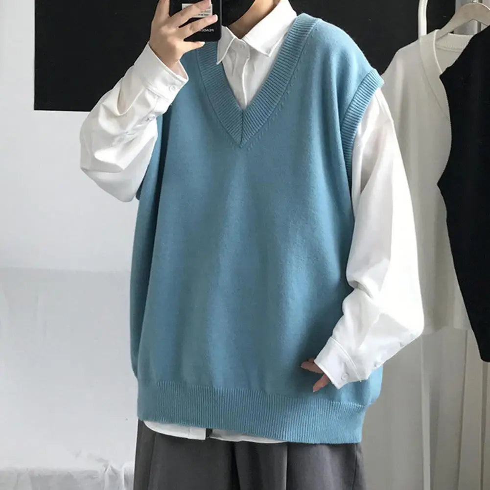 Men Sweater Vest V Neck Solid Color Sleeveless All Match Spring Sweater for School Male Pullovers Men's Clothing Streetwear Street King Limited