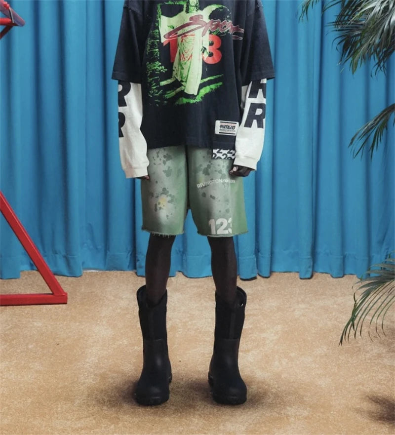 RRR123 2024 New Sports Shorts Heavyweight Washed Graffiti Print Vintage Drawstring Capris Casual High Street Loose Curled Y2K Street King Limited