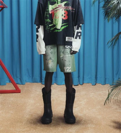 RRR123 2024 New Sports Shorts Heavyweight Washed Graffiti Print Vintage Drawstring Capris Casual High Street Loose Curled Y2K Street King Limited