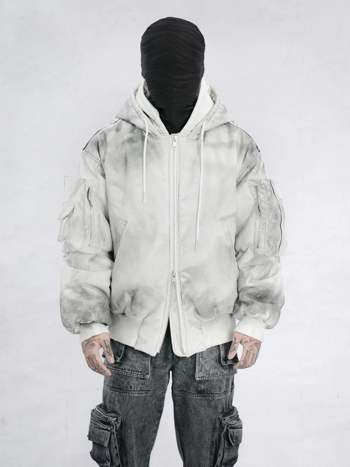 new arrival vintage heavyweight dirty grey double layer hooded leather jacket with multiple pockets zipper design cotton jacket urban fashion pants