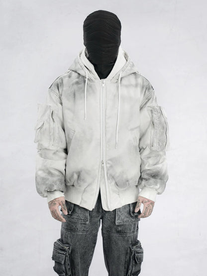 new arrival vintage heavyweight dirty grey double layer hooded leather jacket with multiple pockets zipper design cotton jacket urban fashion pants
