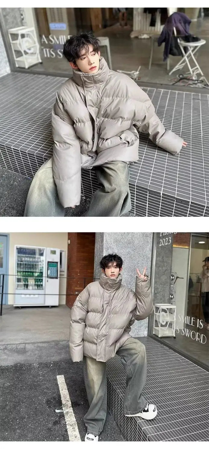 Winter Korean style stand up collar trend PU leather men and women high-end feeling thick cotton jacket couple loose casual top Street King Limited