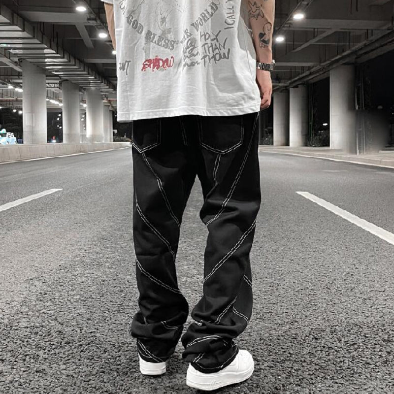 fashion design lines denim jeans mens zipper loose straight trousers hip hop new casual streetwear pants joggers baggy jeans unique joggers style 430