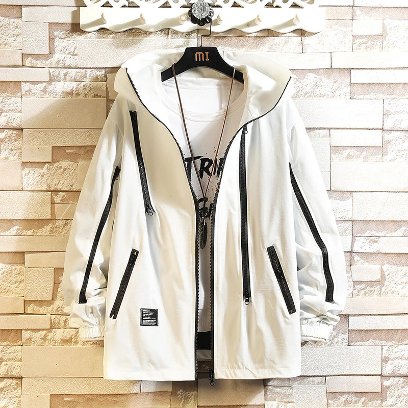men workwear coat casual strip hoodids jacket unisex fashion hooded zipper tops outwear breathable waterproof windproof workwear menswear bottoms